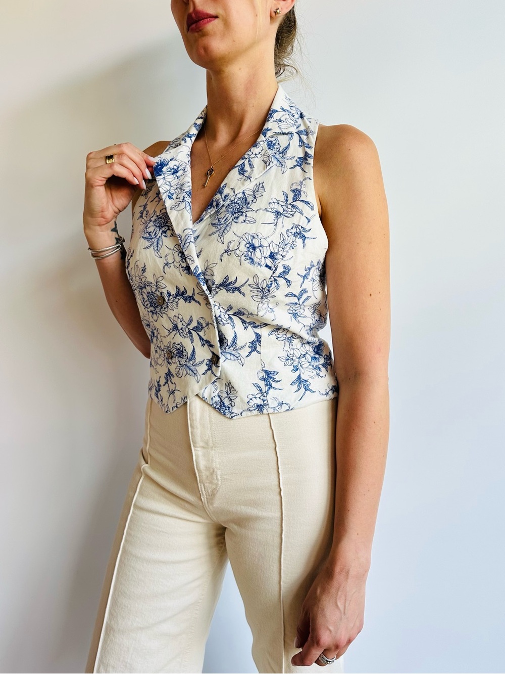 Jason Wu Linen Blend Floral Halter Vest Top Blue White Toile Print Boho Summer